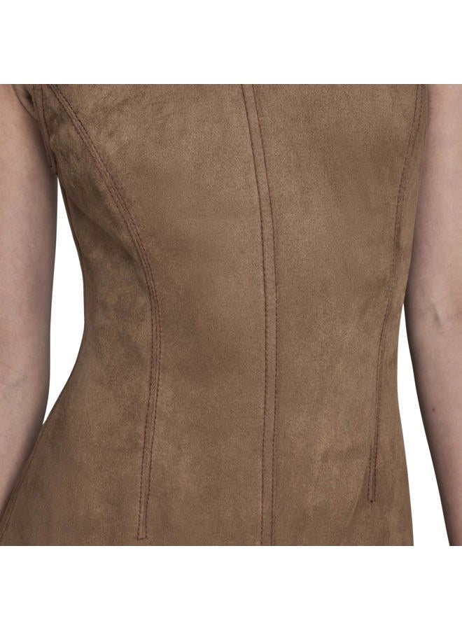 BCBG Women's Jewel Neck Sleeveless Front Slit Midi Dress, Camel, 10 - Image 2