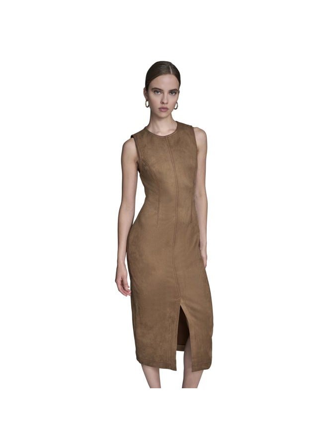 BCBG Women's Jewel Neck Sleeveless Front Slit Midi Dress, Camel, 10 - Image 1