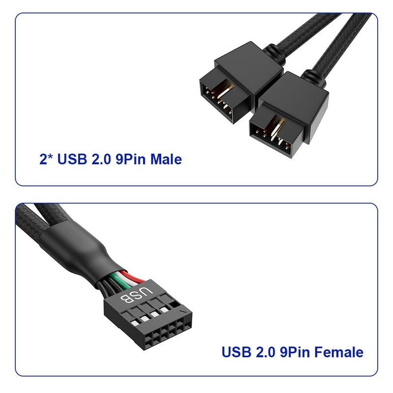 SSSUWP Motherboard 9pin USB2.0 to Dual 9pin Extension Cable, 9 pin to 2 * 9 pin Splitter Cord, Motherboard USB 9Pin Header Cable, Black - Image 2