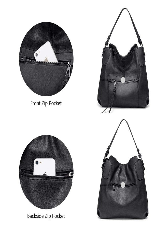 Realer Hobo Crossbody Bags for Women Designer Faux Leather Hobo Handbags Retro Large Size Shoulder Bag Bucket Purse, Grey, Medium-12.4 inch - Image 3