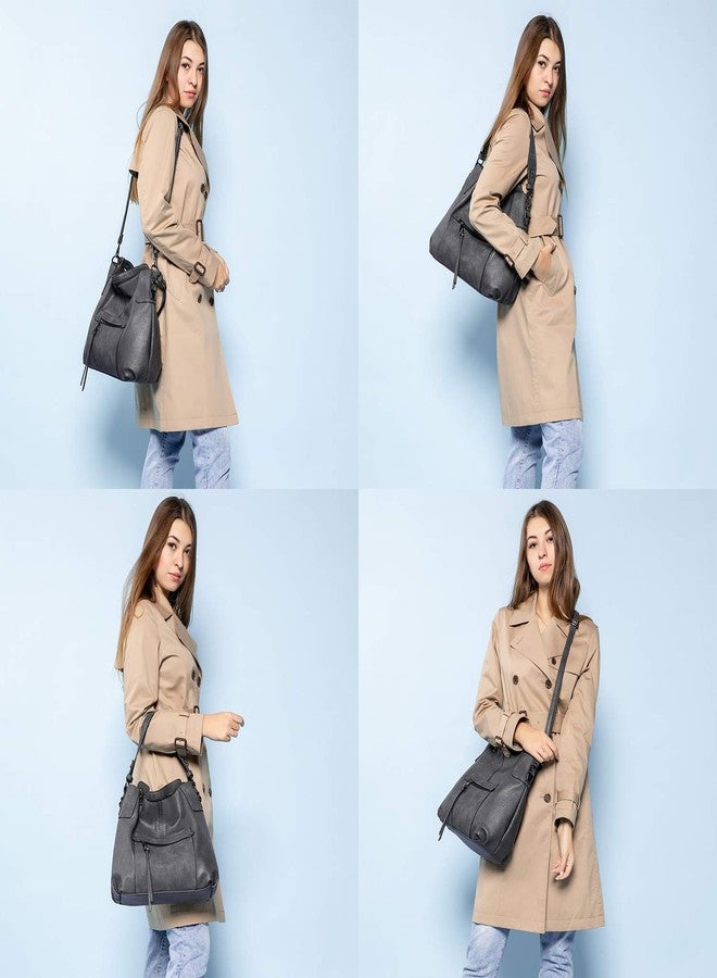 Realer Hobo Crossbody Bags for Women Designer Faux Leather Hobo Handbags Retro Large Size Shoulder Bag Bucket Purse, Grey, Medium-12.4 inch - Image 2