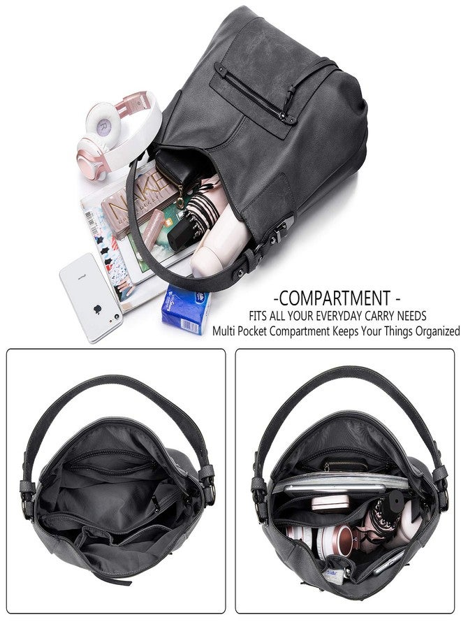 Realer Hobo Crossbody Bags for Women Designer Faux Leather Hobo Handbags Retro Large Size Shoulder Bag Bucket Purse, Grey, Medium-12.4 inch - Image 5