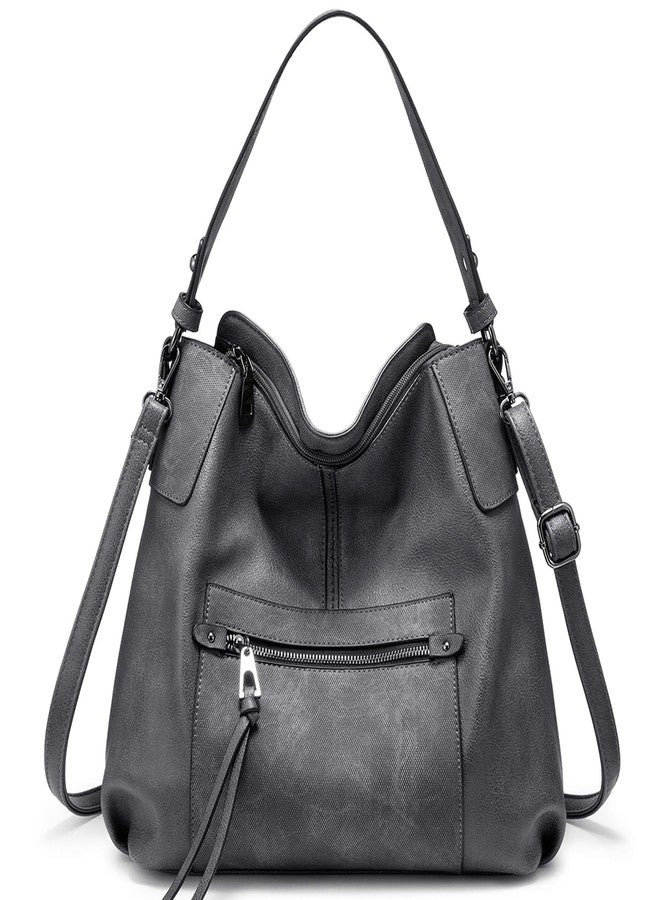 Realer Hobo Crossbody Bags for Women Designer Faux Leather Hobo Handbags Retro Large Size Shoulder Bag Bucket Purse, Grey, Medium-12.4 inch - Image 1