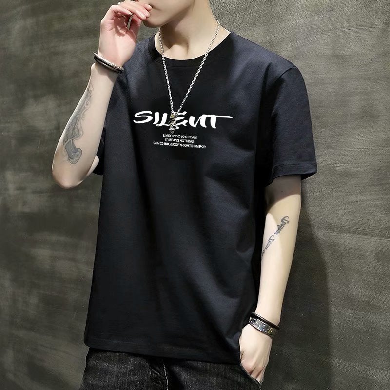 Mens ShorT-sleeved T-shirT 2023 New Slim FiT VersaTile Top YouTh Korean STyle BoTToming ShirT Trendyy PrinTed T-shirT SIL black - Image 1