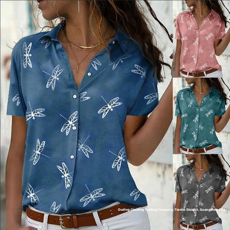 Women's Short Sleeve Blouse with Dragonfly Print - Image 1
