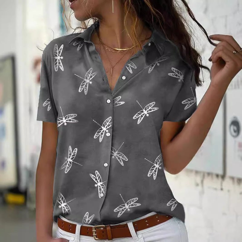 Women's Short Sleeve Blouse with Dragonfly Print - Image 2