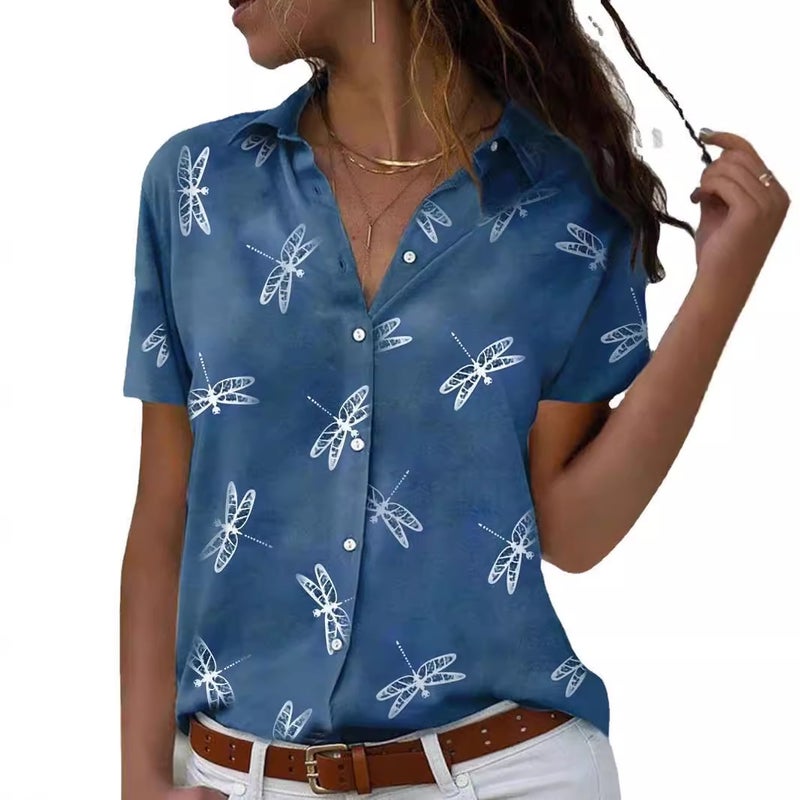 Women's Short Sleeve Blouse with Dragonfly Print - Image 3
