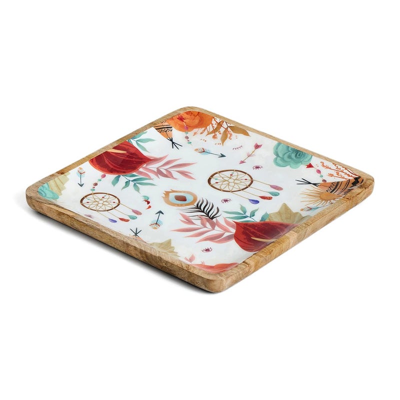 Saaga Mango Wood Serving Tray/Platter - 11 x 11 in - Food Grade Lacquer on Print Square Plate, Decorative Starter Serving Tray - Burnt Sienna - Image 1