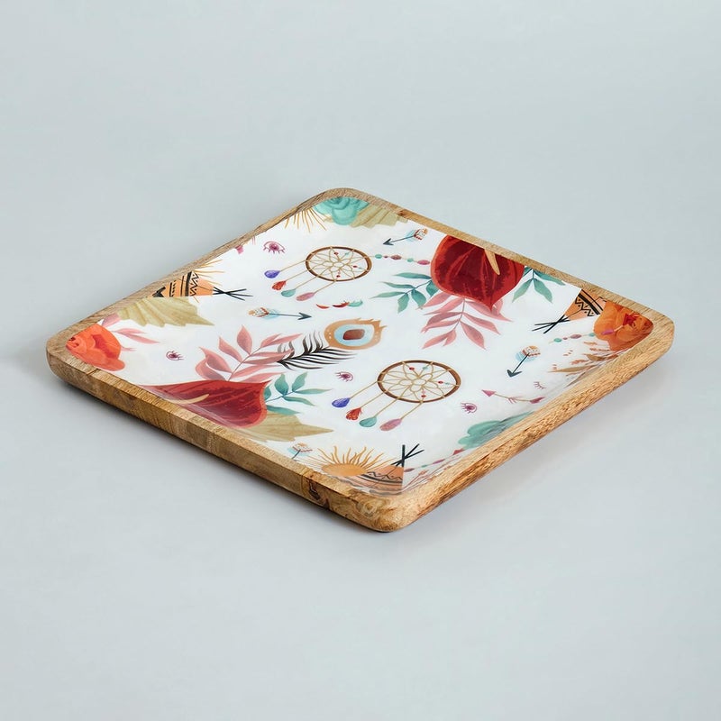 Saaga Mango Wood Serving Tray/Platter - 11 x 11 in - Food Grade Lacquer on Print Square Plate, Decorative Starter Serving Tray - Burnt Sienna - Image 4