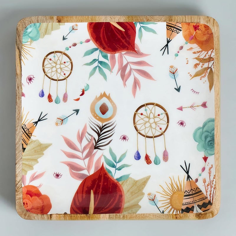 Saaga Mango Wood Serving Tray/Platter - 11 x 11 in - Food Grade Lacquer on Print Square Plate, Decorative Starter Serving Tray - Burnt Sienna - Image 5