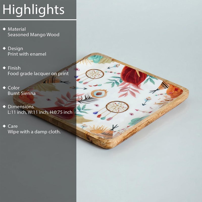 Saaga Mango Wood Serving Tray/Platter - 11 x 11 in - Food Grade Lacquer on Print Square Plate, Decorative Starter Serving Tray - Burnt Sienna - Image 3