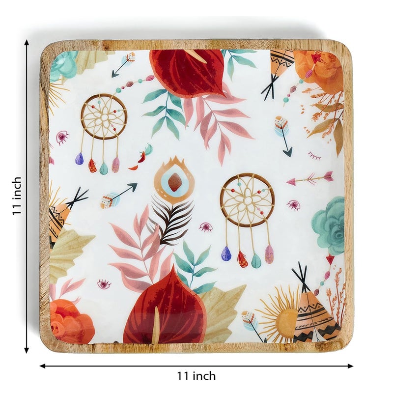 Saaga Mango Wood Serving Tray/Platter - 11 x 11 in - Food Grade Lacquer on Print Square Plate, Decorative Starter Serving Tray - Burnt Sienna - Image 2