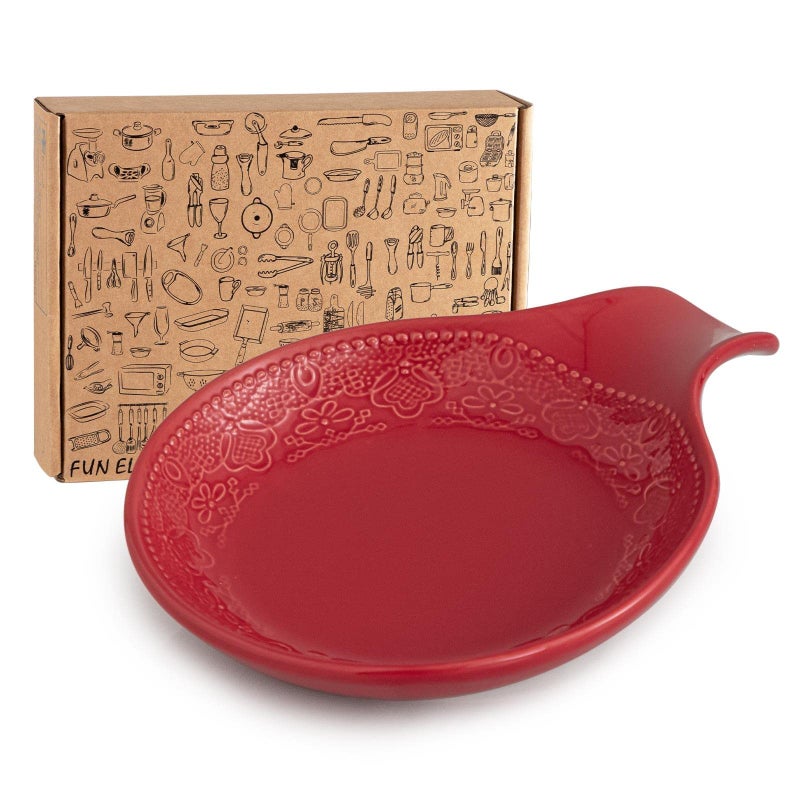 FUN ELEMENTS Spoon Rest Lace Emboss Kitchen Spoon Holder for Stove Top Ceramic Spoon Rest for Kitchen Counter Best Gift Idea for Thanksgiving Christmas and House Warming Christmas Red