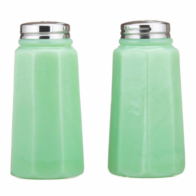 SALT AND PEPPER SHAKER HOLDER SET IN JADEITE GREEN COLOR