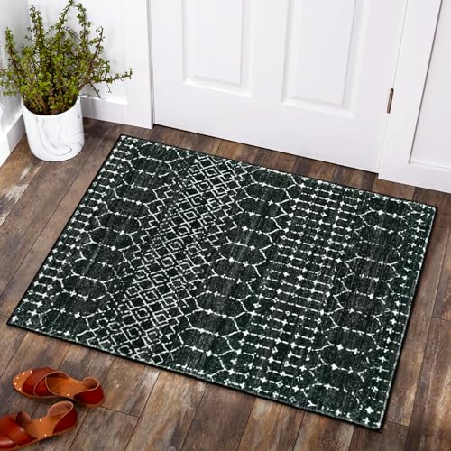 La Home Lahome Moroccan Entry Rug 2x3 NonSlip Washable Front Indoor Door Mat Rubber Backing LowProfile Door Rugs Small Geometric Print Distressed for Entryway Bathroom Kitchen Black Hana - Image 1