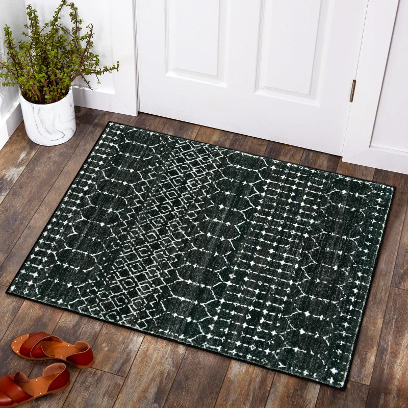 La Home Lahome Moroccan Entry Rug 2x3 NonSlip Washable Front Indoor Door Mat Rubber Backing LowProfile Door Rugs Small Geometric Print Distressed for Entryway Bathroom Kitchen Black Hana - Image 2