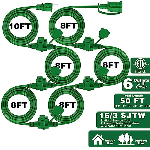 K KASONIC - Outdoor Extension Cord 50 FT, Evenly Spaced 6 Outlets Plugs, 16/3 SJTW Weatherproof Multiple Outlets Wire for Landscaping Light, Holiday Decoration and Christmas, ETL Listed, Green - Image 2