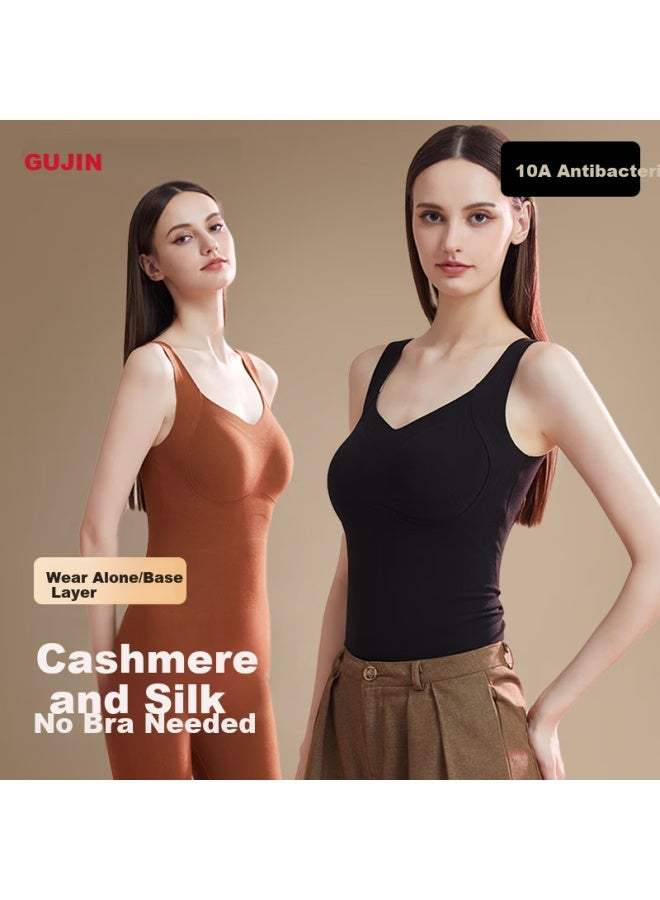 Gujin Women's Thermal Vest With Chest Pad, Seamless Cashmere Silk Autumn Winter Thermal Innerwear Top - Image 1