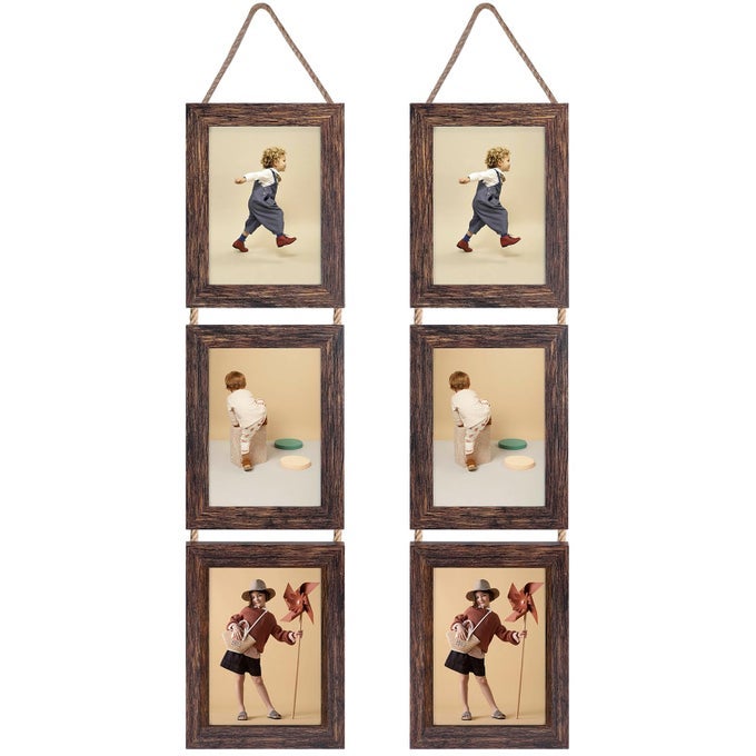 Wall Hanging 5x7 Picture Frames Set of 2 Vertical Collage Distressed Brown Triple Frame Made to Display 5 by 7 inch Photo for Wall Decor