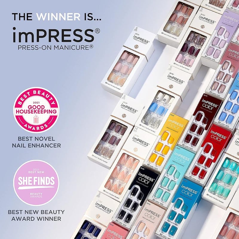 إمبريس 1٫ KISS imPRESS Press-On Manicure، مجموعة أظافر قابلة للتثبيت، تقنية PureFit، أظافر قصيرة قابلة للتثبيت، تشمل وسادة تحضير، مبرد للجلد المحيط بالظفر، و30 ظفرًا صناعيًا. - Image 4