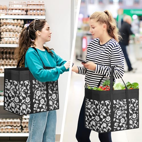 WOWBOX Reusable Grocery Bags Foldable Tote Bags bulk with Reinforced Handles Shopping Bags for Groceries Heavy Duty Large bags Kitchen Reusable Grocery Bags with Waterproof Coating 4Pack Black - Image 3