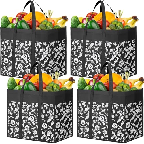 WOWBOX Reusable Grocery Bags Foldable Tote Bags bulk with Reinforced Handles Shopping Bags for Groceries Heavy Duty Large bags Kitchen Reusable Grocery Bags with Waterproof Coating 4Pack Black - Image 1