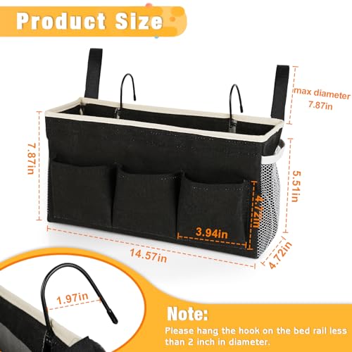 Lilithye Bedside Caddy Bedside Organizer Bedside Storage Caddy with Fixed Straps and Water Bottle Holder for Home College Dorm Bunk Bed Hospital Bed Crib Bed Rails (Black) - Image 3