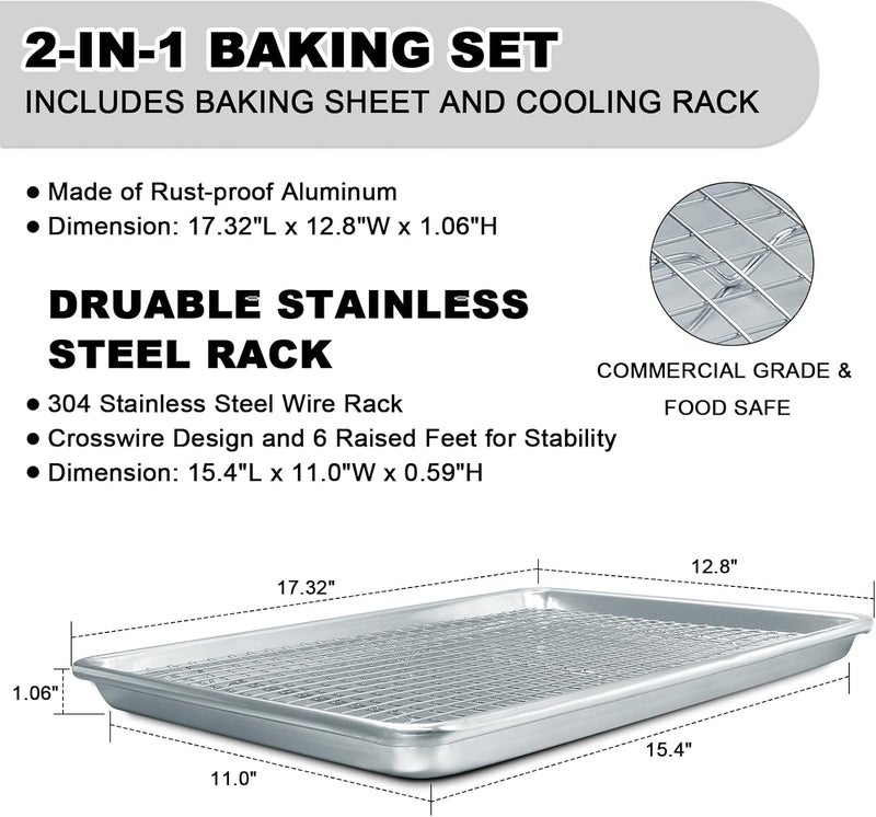 EWFEN Half Sheet Pans with Rack Set, 18 Inch Commercial Quality Baking Sheet Pan Set, Natural Aluminum Cookie Sheet, Warp Resistant Nonstick Thick Cookie Tray Pans for Baking, Roasting - Image 2