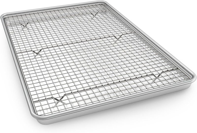 EWFEN Half Sheet Pans with Rack Set, 18 Inch Commercial Quality Baking Sheet Pan Set, Natural Aluminum Cookie Sheet, Warp Resistant Nonstick Thick Cookie Tray Pans for Baking, Roasting - Image 1