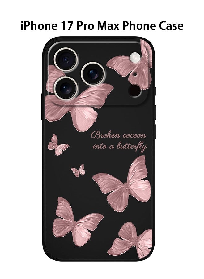 دبليو أف أف أو متوافق مع غطاء iPhone 17 Pro Max - أزهار وفراشات مانعة للانزلاق ومرنة ومقاومة للصدمات من السيليكون الناعم لهاتف iPhone 17 Pro Max - أسود/وردي - Image 1
