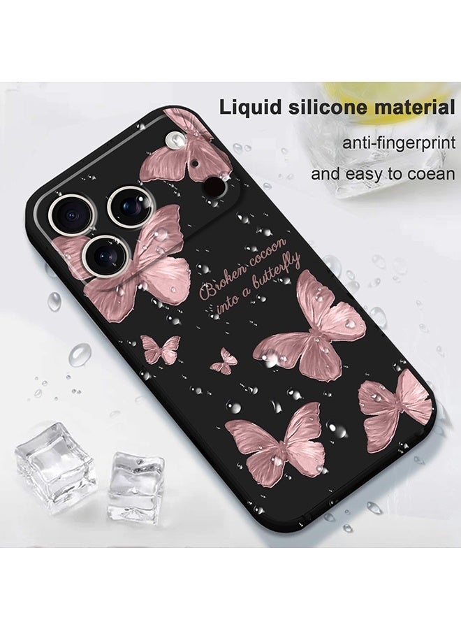 دبليو أف أف أو متوافق مع غطاء iPhone 17 Pro Max - أزهار وفراشات مانعة للانزلاق ومرنة ومقاومة للصدمات من السيليكون الناعم لهاتف iPhone 17 Pro Max - أسود/وردي - Image 4