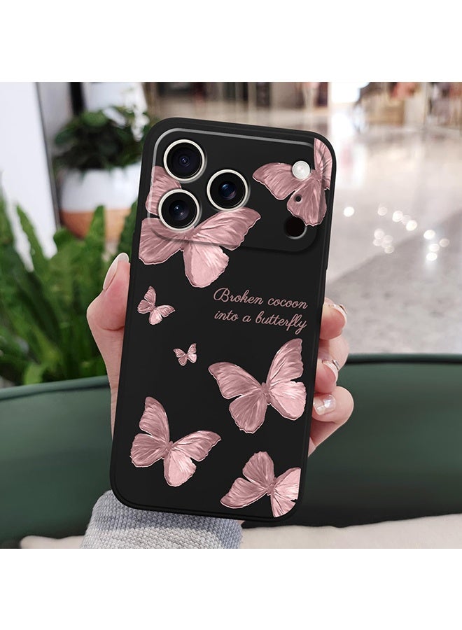 دبليو أف أف أو متوافق مع غطاء iPhone 17 Pro Max - أزهار وفراشات مانعة للانزلاق ومرنة ومقاومة للصدمات من السيليكون الناعم لهاتف iPhone 17 Pro Max - أسود/وردي - Image 5
