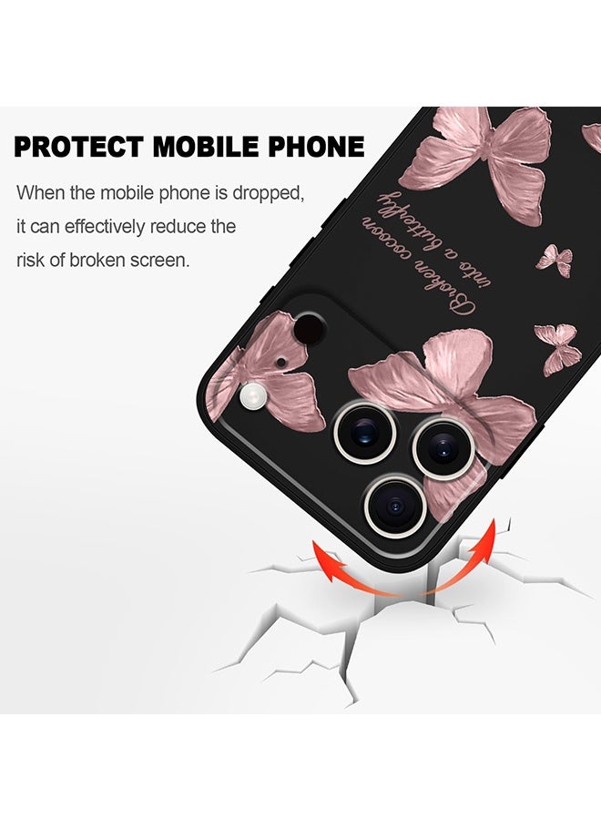 دبليو أف أف أو متوافق مع غطاء iPhone 17 Pro Max - أزهار وفراشات مانعة للانزلاق ومرنة ومقاومة للصدمات من السيليكون الناعم لهاتف iPhone 17 Pro Max - أسود/وردي - Image 2