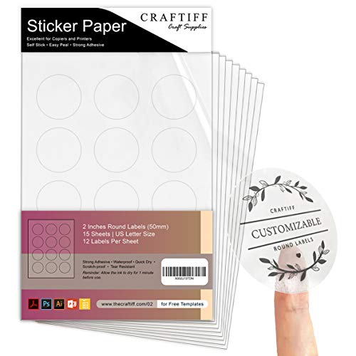 Craftiff Round Labels Stickers 2 inches Transparent Printable Vinyl for Laser Printer Clear Sticker Paper Waterproof - Image 1