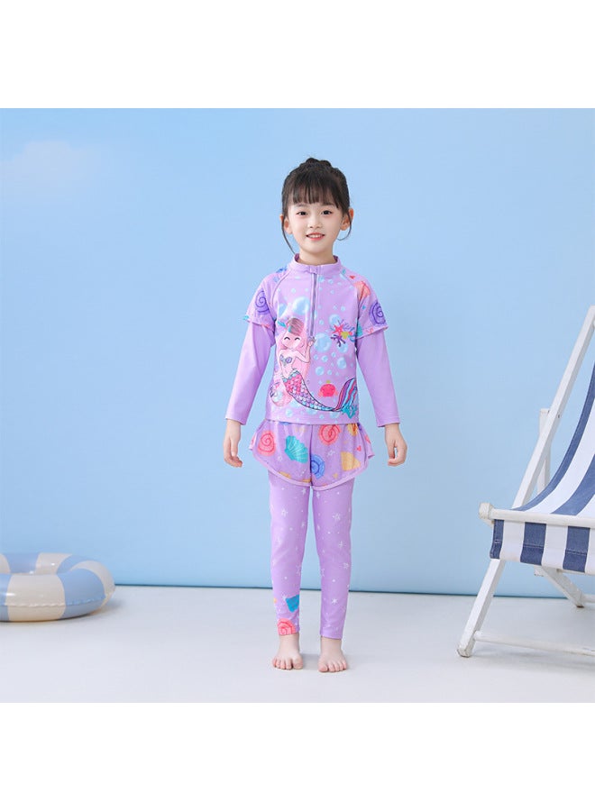 Loquat Children's Swimwear Women's Girls' Split Middle And Big Children's Swimwear Long Sleeve Trousers Flatmesh Shorts Diving Swimwear-Color:CM2385-1BY Music World- - Image 2