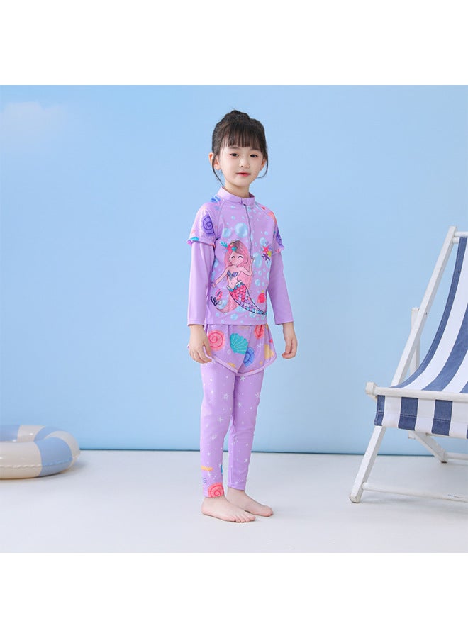 Loquat Children's Swimwear Women's Girls' Split Middle And Big Children's Swimwear Long Sleeve Trousers Flatmesh Shorts Diving Swimwear-Color:CM2385-1BY Music World- - Image 3