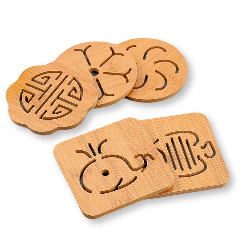 Leeonz Coasters for Drinks-Hot & Cold,Decorative Coasters for Glass, Cups, vases, Candles on Their Dining Table Made of Wood,Random Pattern (Wood, Set of 6) - Image 1