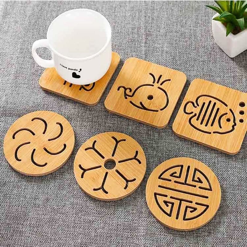 Leeonz Coasters for Drinks-Hot & Cold,Decorative Coasters for Glass, Cups, vases, Candles on Their Dining Table Made of Wood,Random Pattern (Wood, Set of 6) - Image 2