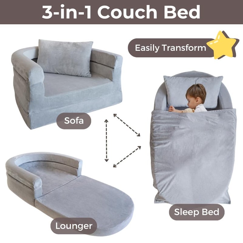 Wonder Space Kids Foam Couch with Blanket & Pillow, Pre-Assembled Toddlers 3-in-1 Convertible Sofa, Indoor Foadable Lounger Chair & Flip Open Floor Bed for Boys & Girls (Ivory) - Image 2