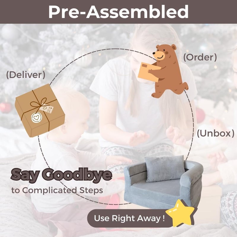 Wonder Space Kids Foam Couch with Blanket & Pillow, Pre-Assembled Toddlers 3-in-1 Convertible Sofa, Indoor Foadable Lounger Chair & Flip Open Floor Bed for Boys & Girls (Ivory) - Image 3