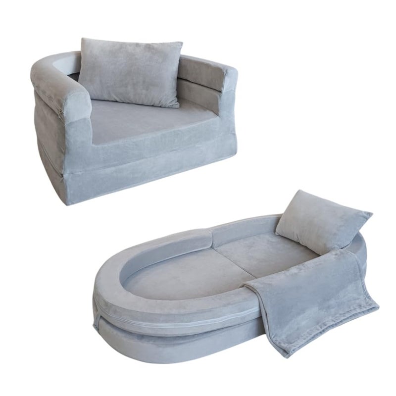 Wonder Space Kids Foam Couch with Blanket & Pillow, Pre-Assembled Toddlers 3-in-1 Convertible Sofa, Indoor Foadable Lounger Chair & Flip Open Floor Bed for Boys & Girls (Ivory) - Image 1