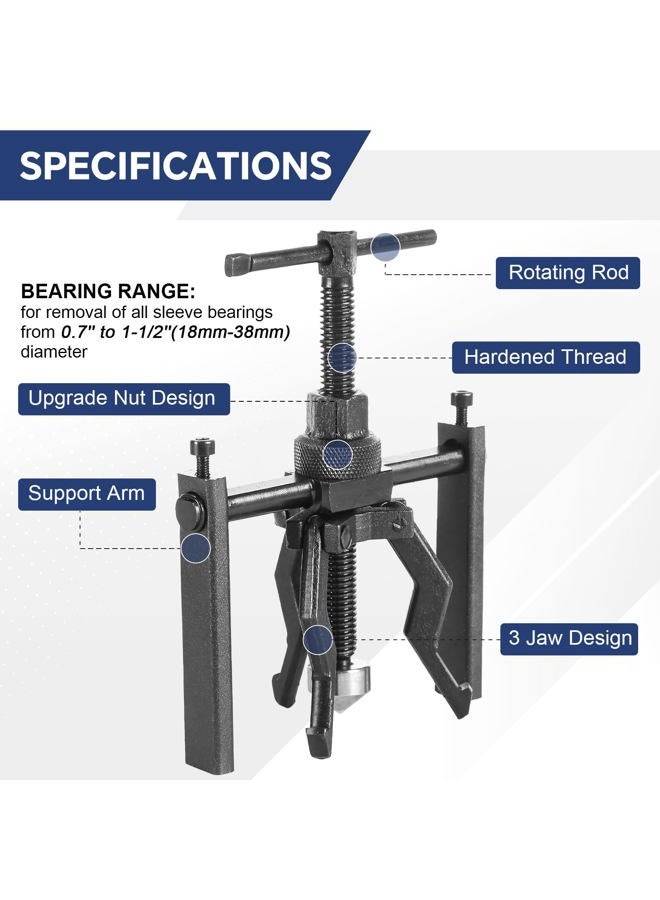 DASBET 3 Jaw Pilot Bearing Puller, Heavy Duty Pullers Set Bushing Gear Extractor Wheel Bearing Puller Automotive Machine Tool Kit for Car SUV - Image 4