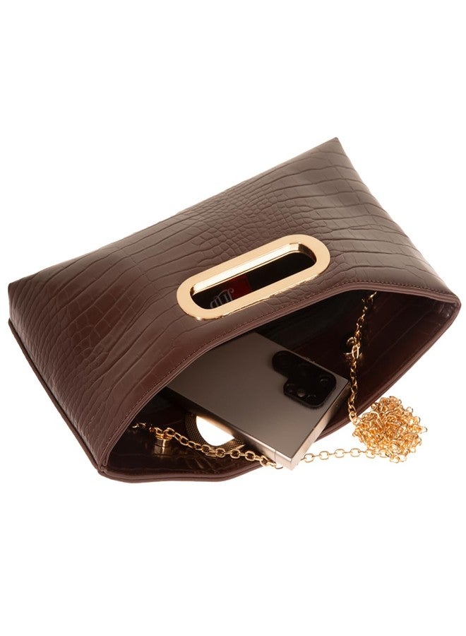JNB Crocodile Synthetic Leather Top Handle Clutch,Brown-a - Image 5