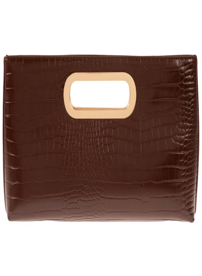 JNB Crocodile Synthetic Leather Top Handle Clutch,Brown-a - Image 3