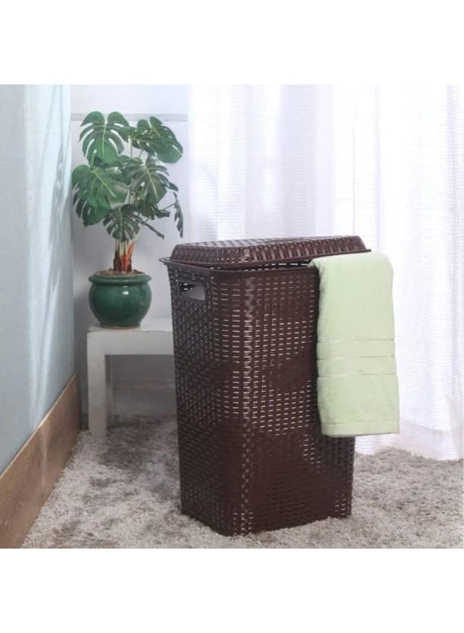 Laundry Basket, Plastic Woven Design, 70 Litres Capacity, With Comfortable Handles and Lid, Laundry hamper, Clothes storage basket, Assorted colors - Image 3