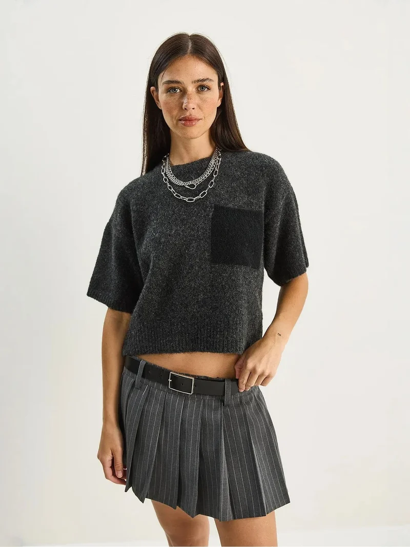 Bianco Lucci LUCCI Oversized Crew Neck Knit Sweater with Pocket