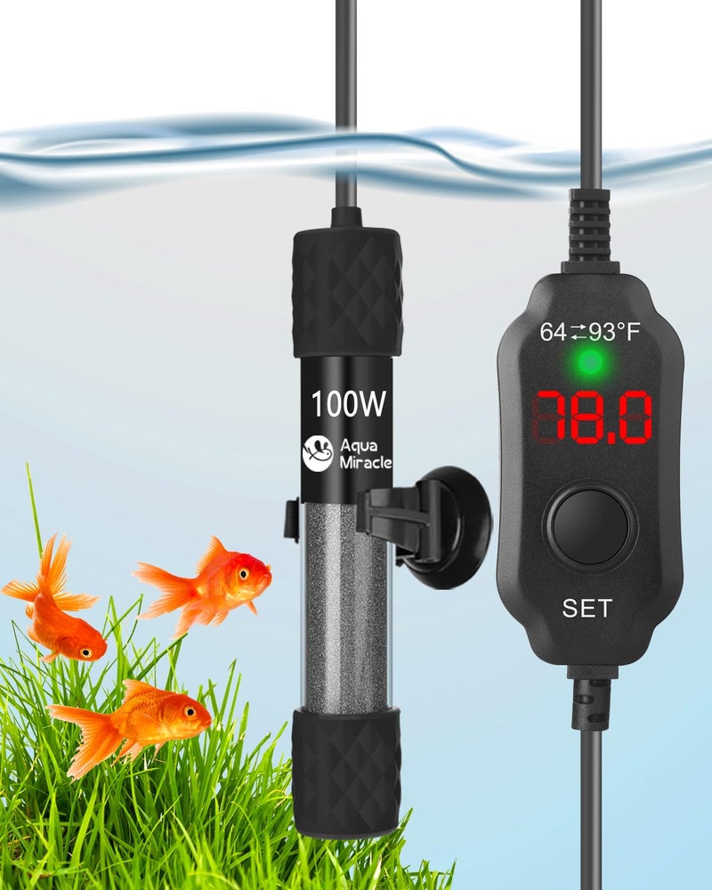 AquaMiracle Adjustable 100W Aquarium Heater Submersible Fish Tank Heater Super Short Aquarium Heater with LED Digital Display Thermostat, for Tanks 10-20 Gallons - Image 1