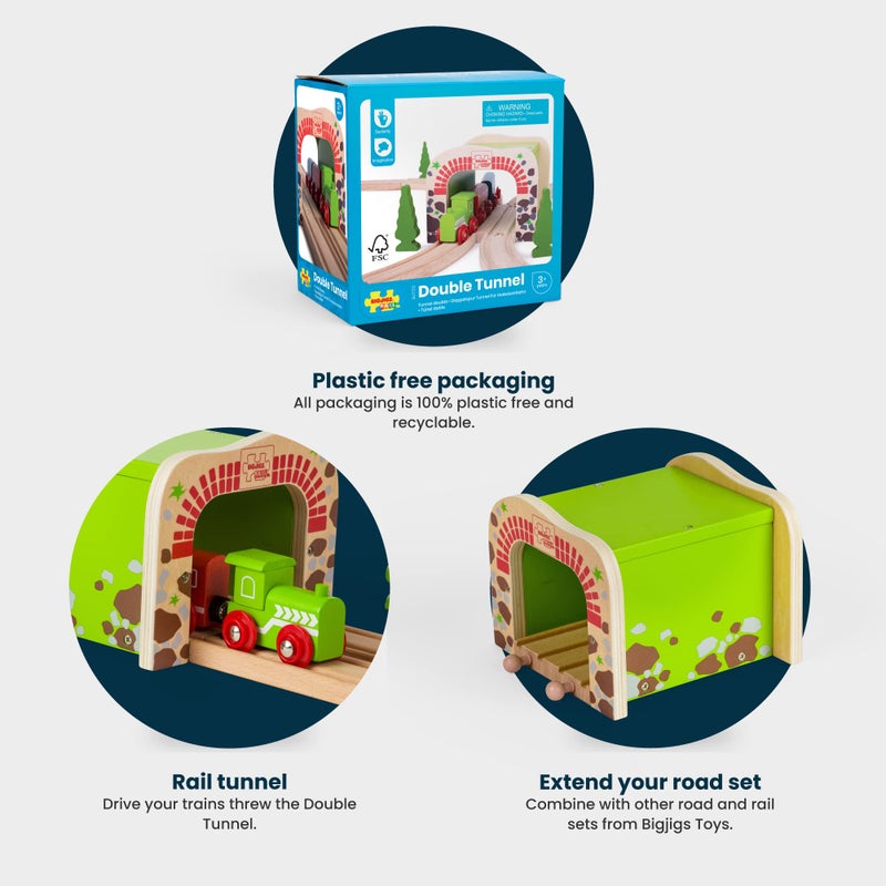 Bigjigs Rail بيججيجس ريل، نفق مزدوج، ألعاب خشبية، مجموعة قطار، نفق قطار، ملحقات مسار القطار الخشبي، ملحقات بيججيجس، ألعاب قطار، نفق قطار للأطفال - Image 3