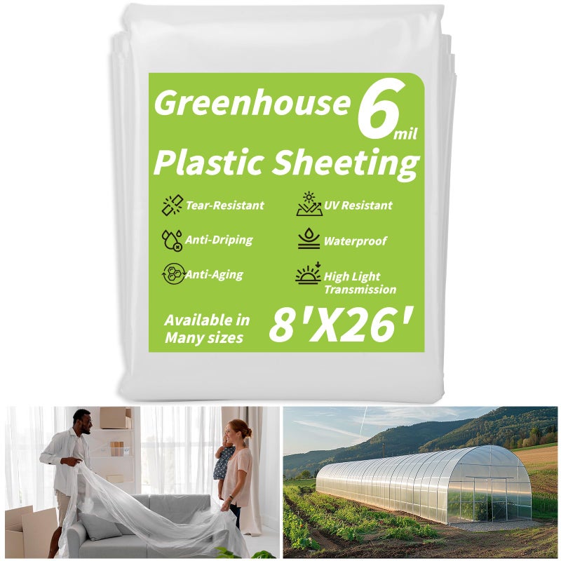 UZLU Greenhouse Plastic Sheeting 6 Mil, 8 x 26 FT Transparent UV Resistant Polyethylene Film, Tear-Resistant Green House Hoop Cover for Gardening, Farming, Nursery, Henhouse, Anti-Drip & Weatherproof - Image 1