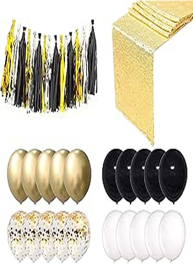 Black and Gold Party Decoration Set-Black and Gold Party Decoration Birthday Party Decorations Birthday Wedding and Other Party Supplies (36PCS Set Balloons Tassels Table Runner) 